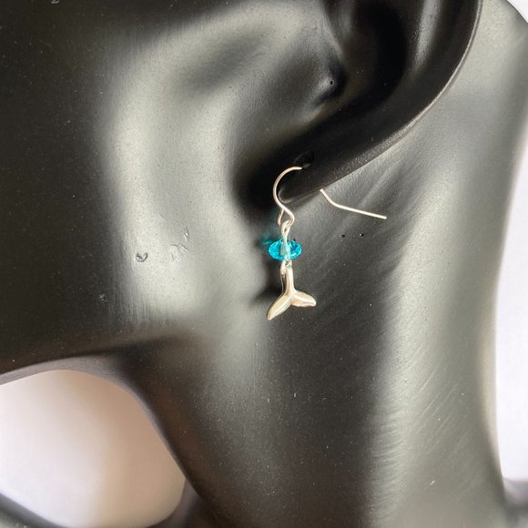 Silver Mermaid Whale Tail Earrings Aqua Bead Plated Dangle Dainty Nautical - Picture 3 of 12